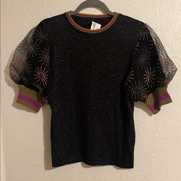 Bl^nk Black Glitter Top with Sheer Puff Sleeves - Picture 1 of 6
